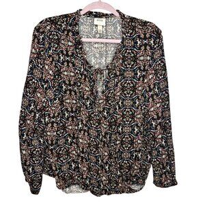 Knox Rose Blouse Long Sleeve Black Multi-Color Print Boho Faux Wrap Womens 2X‎